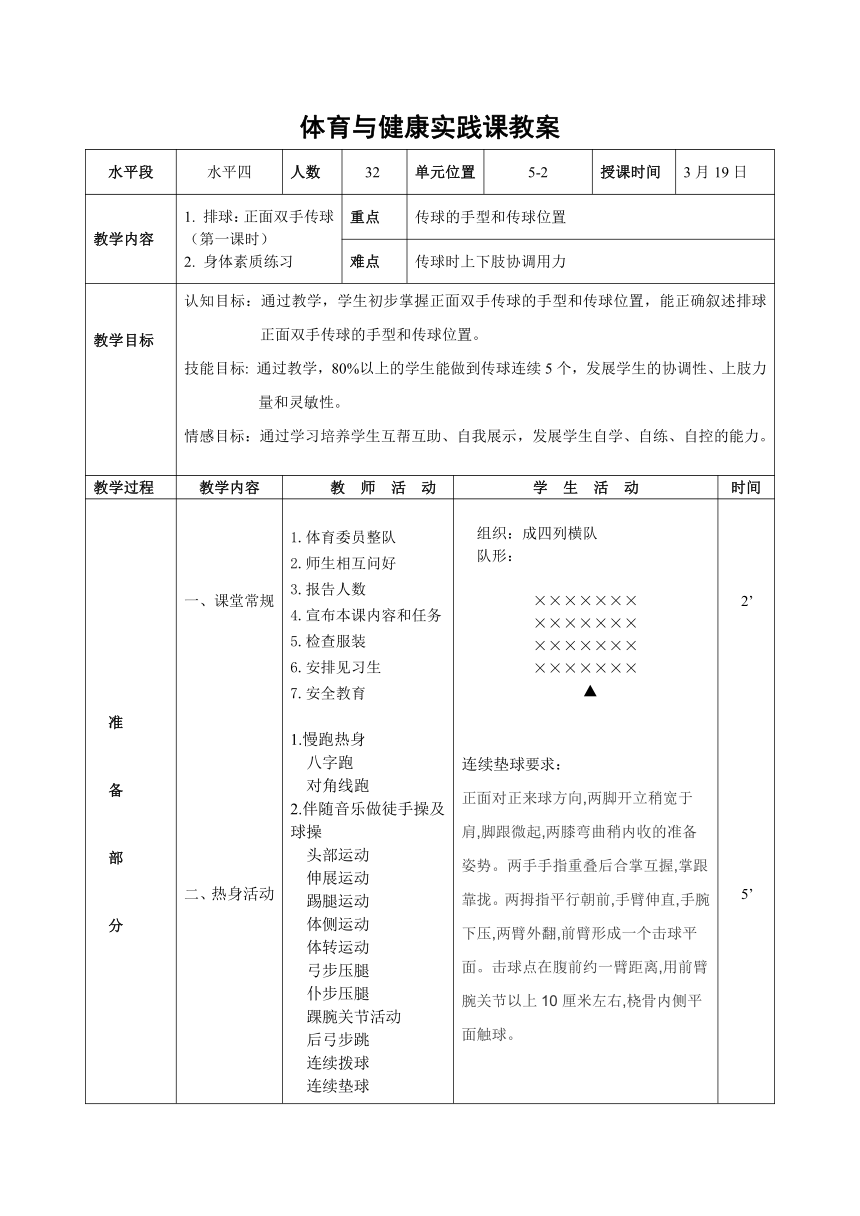 第五章排球——正面双手传球教案第一课时 教案  （表格式）2023—2024学年人教版初中体育与健康七年级全一册