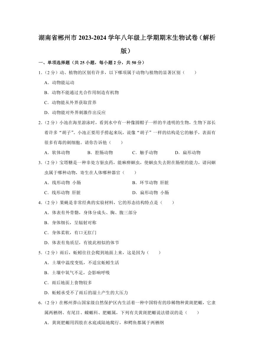 湖南省郴州市2023-2024学年八年级上学期期末生物试卷（含解析）