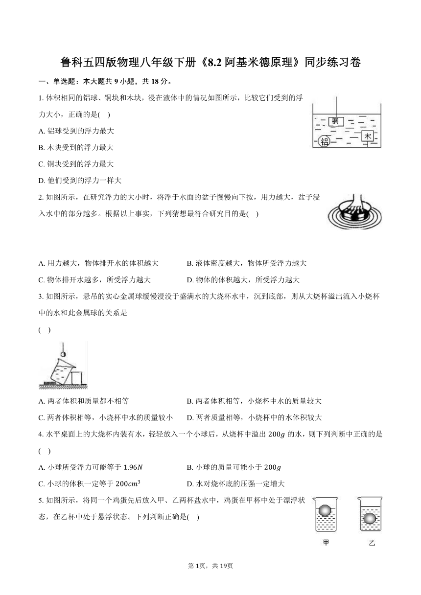 鲁科五四版物理八年级下册《8.2 阿基米德原理》同步练习卷（含解析）