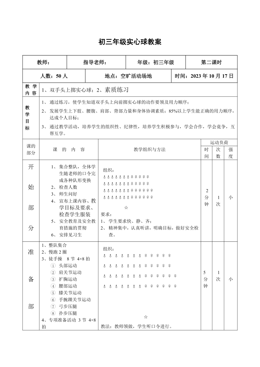 双手头上掷实心球教案（表格式）