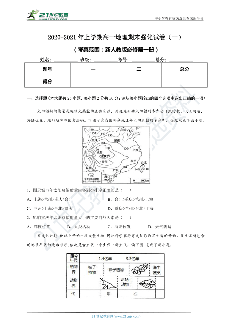 2020-2021学年上学期高一地理期末强化试卷（一）（人教版2019）