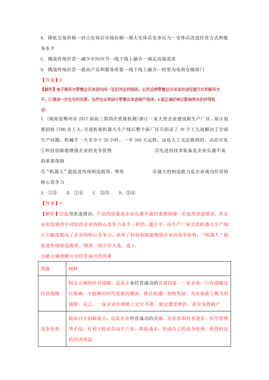 2018届高三政治百所名校好题速递分项解析汇编（第01期）：专题1.2 生产、劳动与经营（经济生活）（解析版）