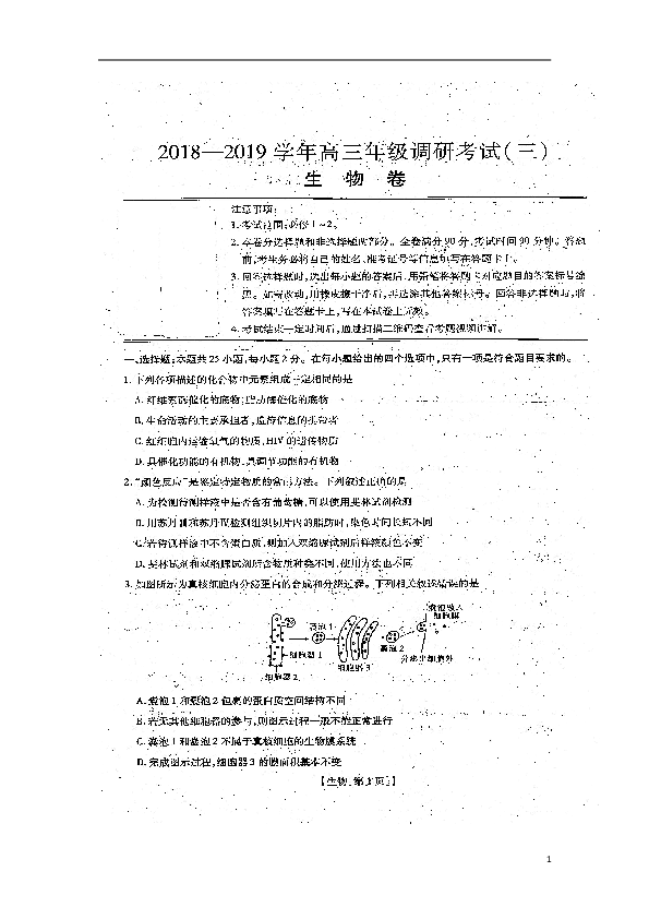 河南省滑县2018-2019学年高三年级调研考试（三）生物试题（扫描版）