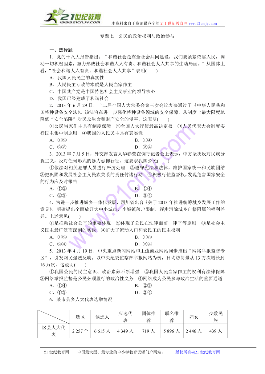 2014届高三政治二轮复习（四川专用）专题跟踪训练专题七公民的政治权利与政治参与 Word版含解析