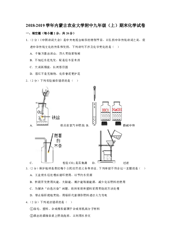 2018-2019学年内蒙古农业大学附中九年级（上）期末化学试卷（解析版）