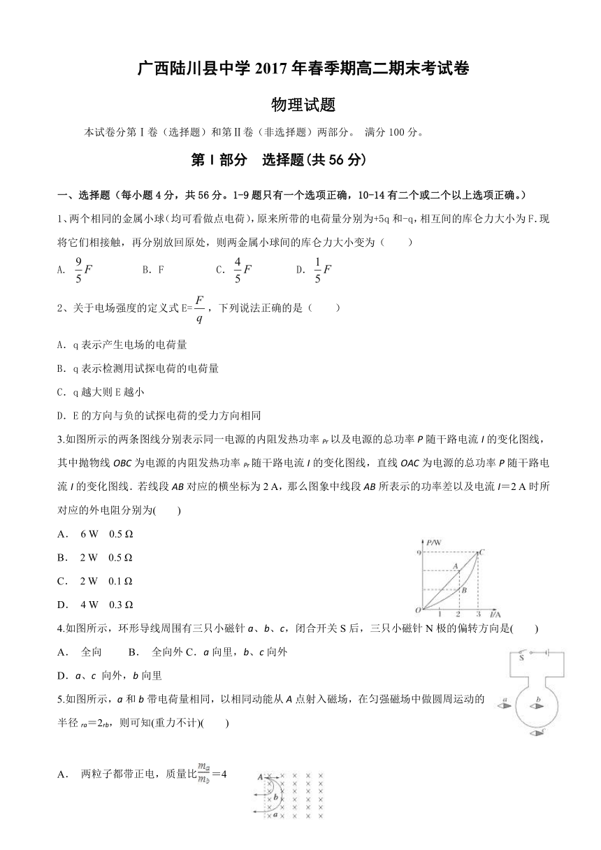 广西陆川县中学2016-2017学年高二下学期期末考试物理试题 Word版含答案
