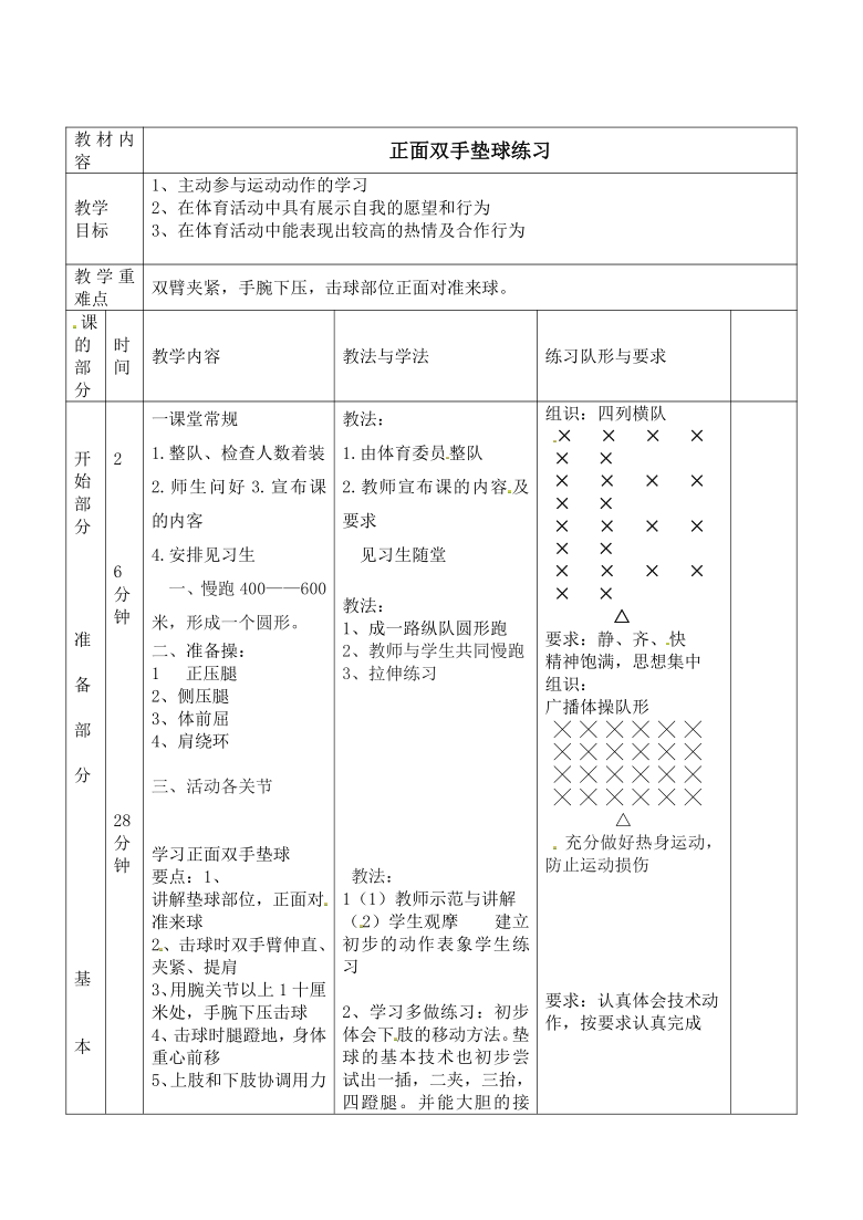 华中师大版七年级体育与健康 5.2正面双手垫球练习  教案