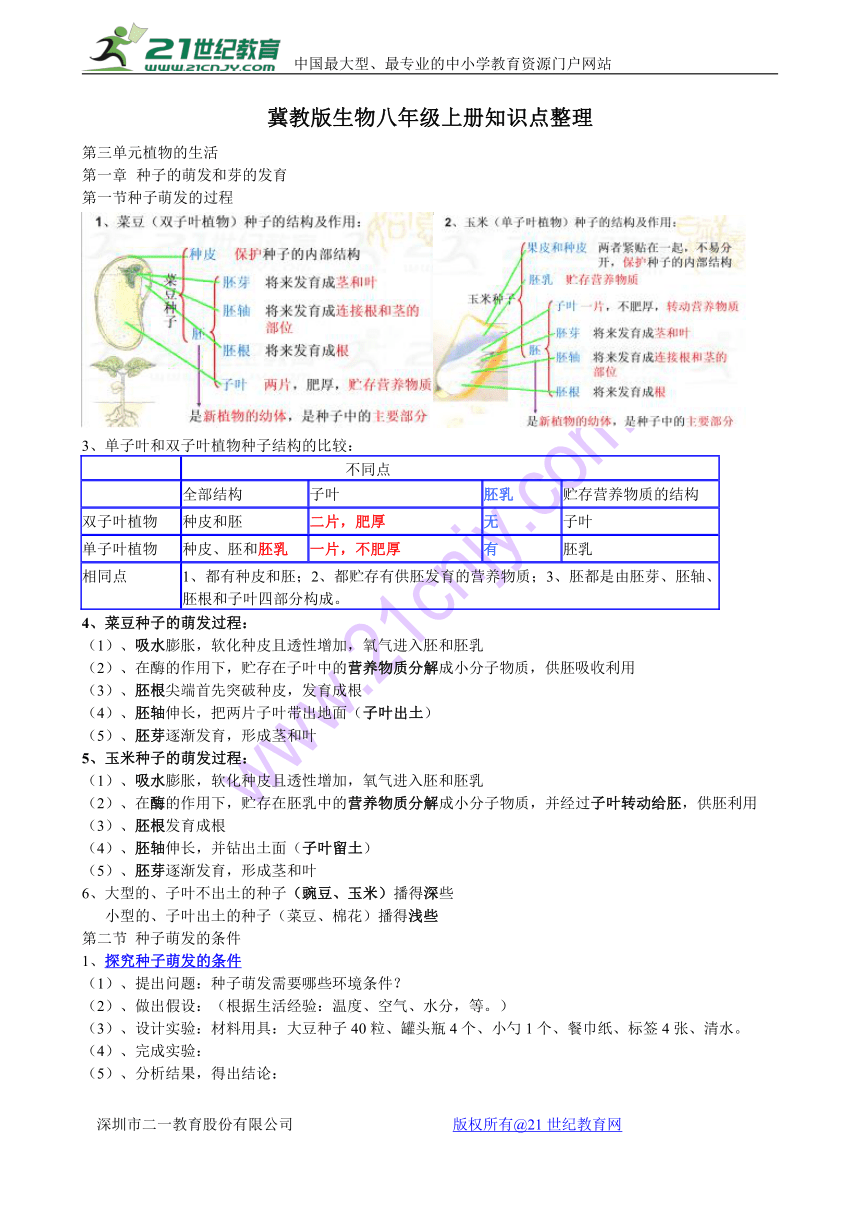 冀教版生物八年级上册知识点整理