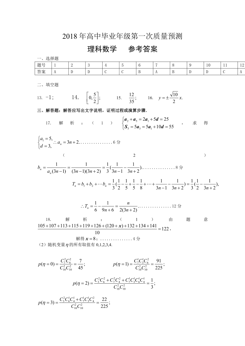 河南省郑州市2018届高中毕业班第一次质量检测（模拟）理科数学试题 扫描版含答案