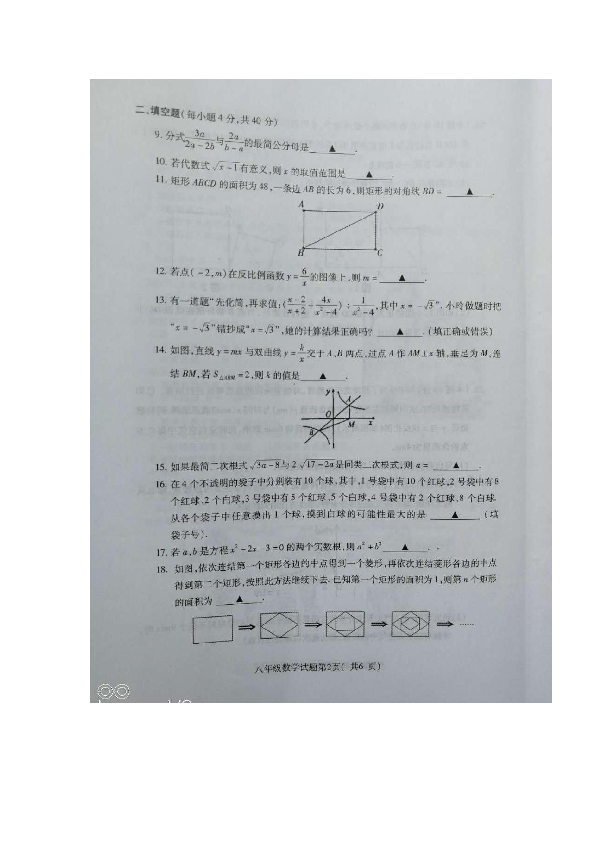 江苏省徐州市2018-2019学年度第二学期期末抽测八年级数学试题（扫描版，无答案）