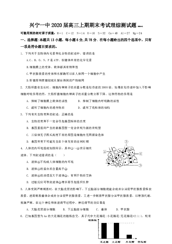 广东省兴宁市第一中学2020届高三上学期期末考试理综试题 Word版含答案