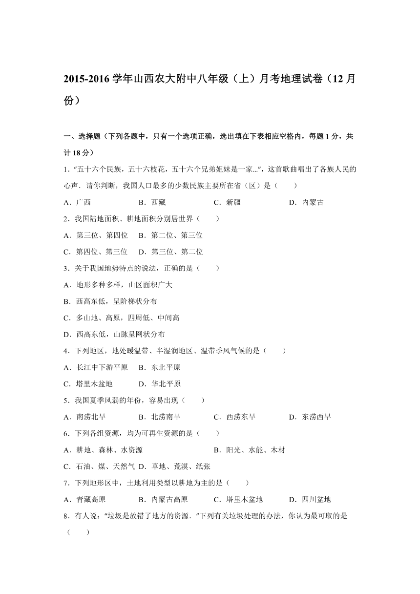 2015-2016学年山西农大附中八年级（上）月考地理试卷（12月份）（解析版）