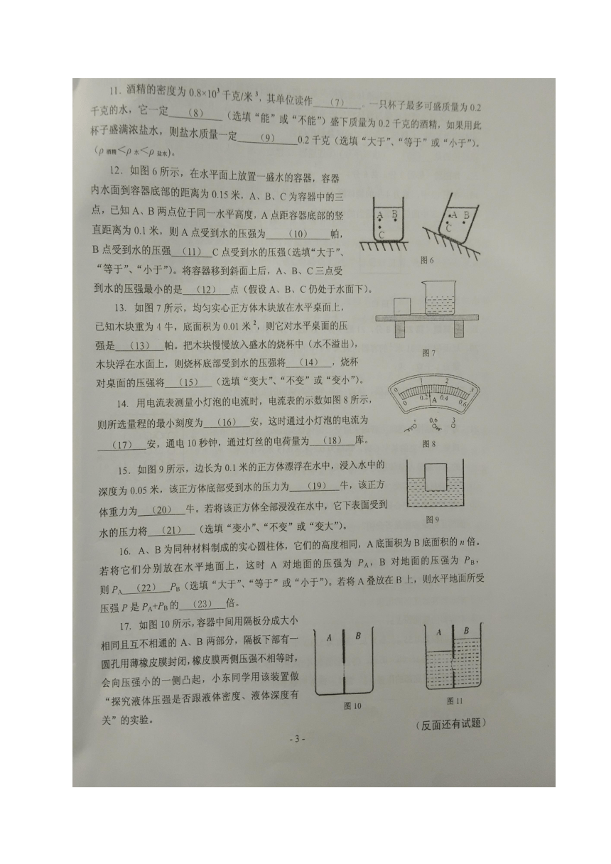 上海市川沙中学南校2018届九年级（五四学制）上学期期中考试物理试题（图片版，含答案）