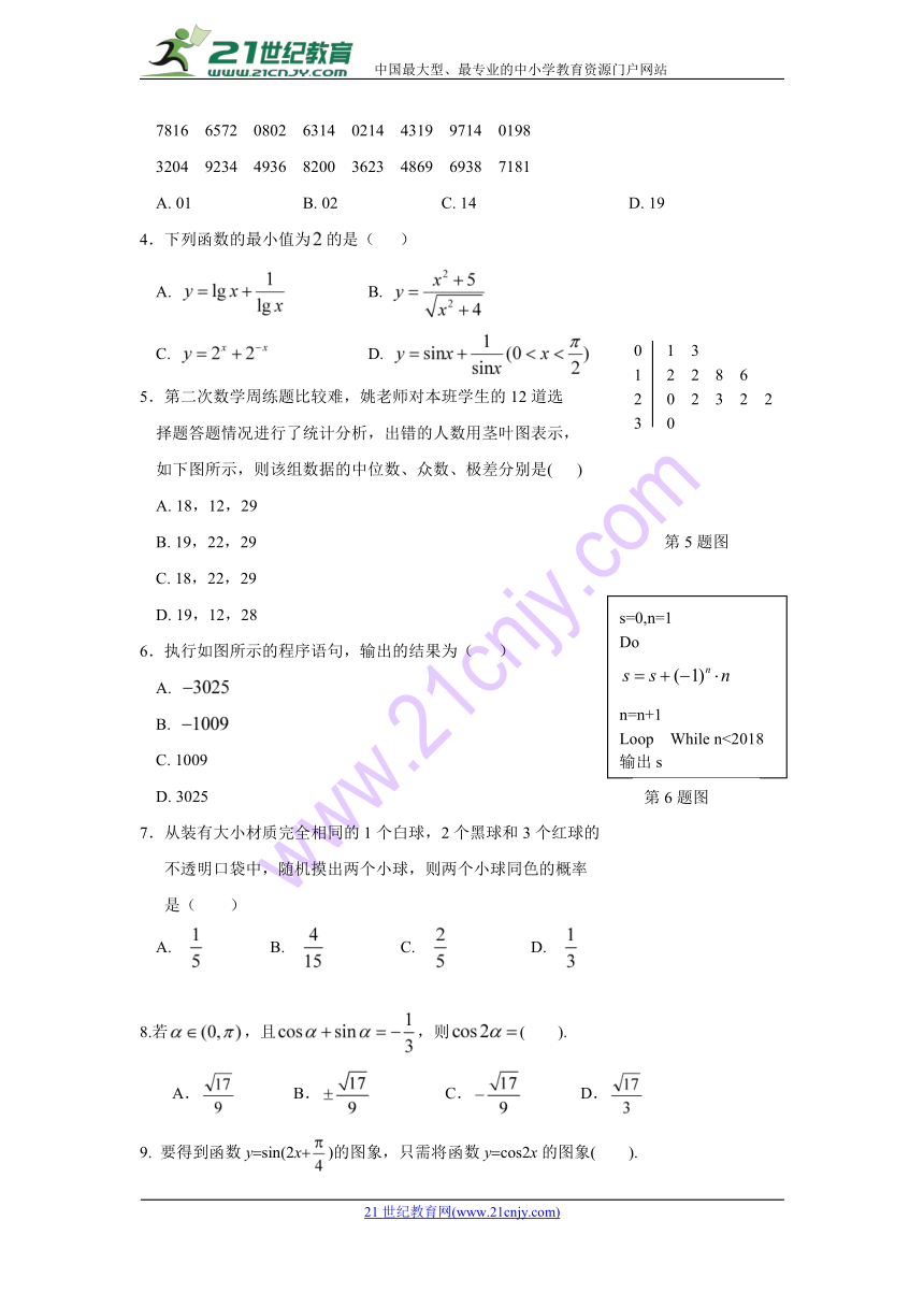 广西陆川县中学2017-2018学年高一5月月考数学（理）试卷