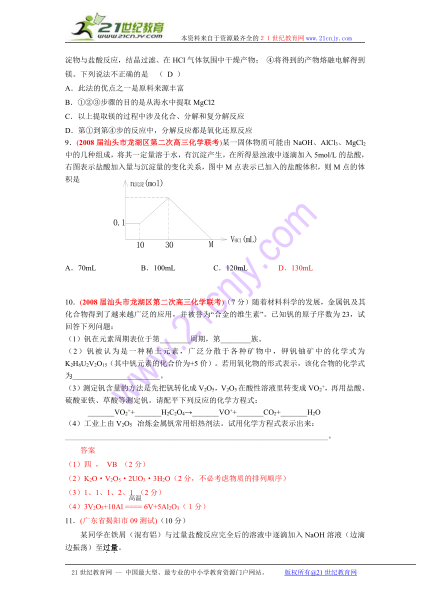 广东省2009届高三化学各地名校月考试题汇编镁铝及其化合物