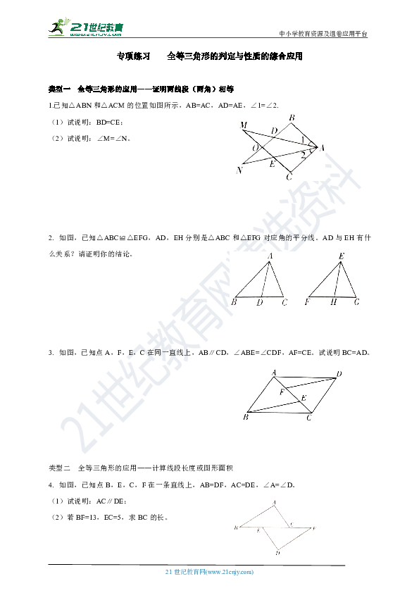 第一章 三角形专项练习 全等三角形的判定与性质的综合应用（含答案）