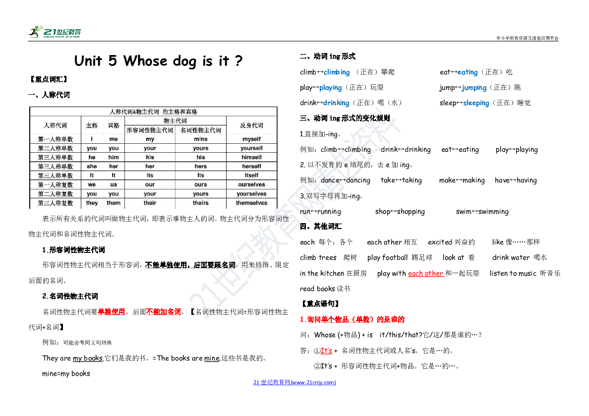 Unit 5 Whose dog is it 同步学案（知识点总结+习题+答案）