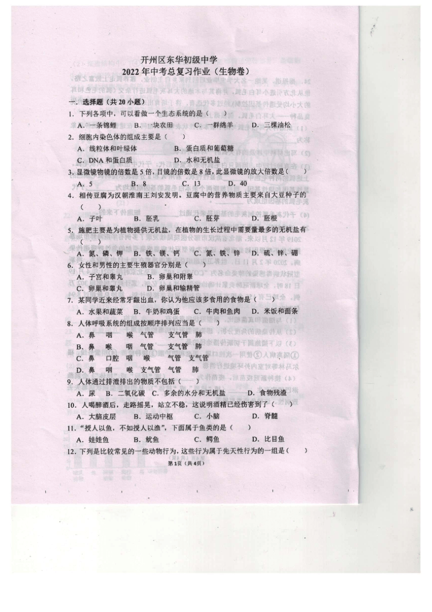 重庆市开州初中教育集团2022年九年级生物5月阶段性测试试题（图片版，无答案）