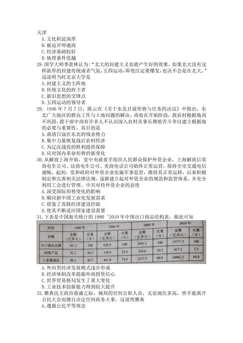 新疆乌鲁木齐地区2021届高三下学期4月第二次质量监测（乌市二模）文科综合历史试题 Word版含答案