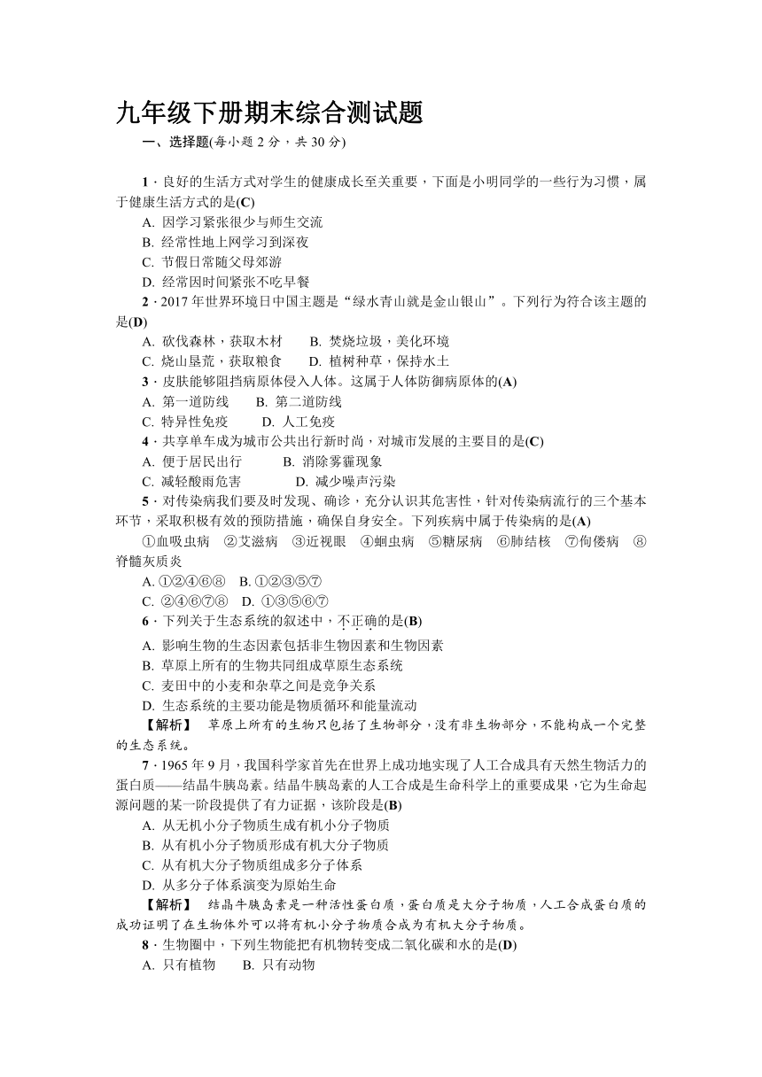 九年级下册科学期末综合测试题