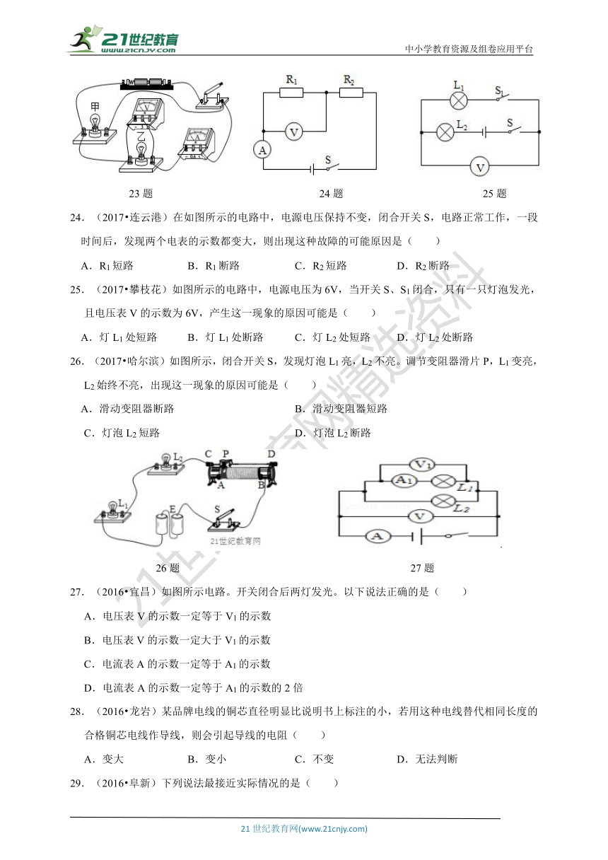 2019中考物理题库研究：专题十四：电压和电阻（近三年全国中考真题精编精析）