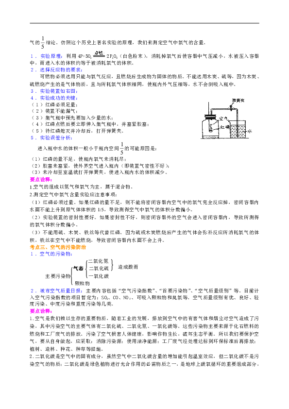 人教版初中化学中考复习资料，补习资料（含知识讲解，巩固练习）：01总复习 空气成分的探究(基础)