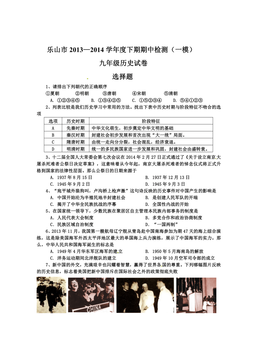 四川乐山市2013—2014学年度下期九年级历史（一模）