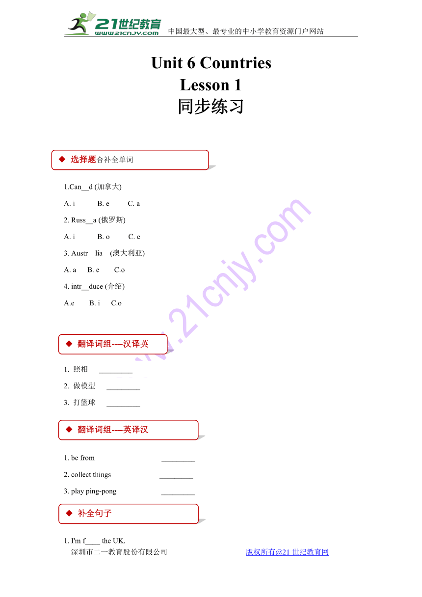 Unit 6 Countries Lesson 1 同步练习（含答案）