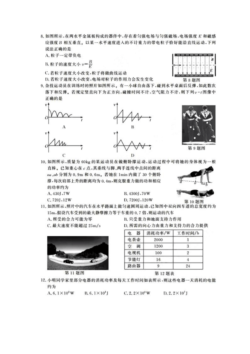 2017年11月浙江省新高考学考选考物理试题及答案（扫描版）