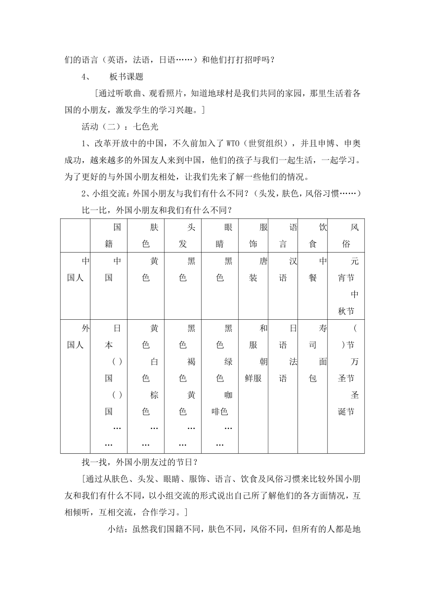 一年级下品德教案 我和外国小朋友 沪教版