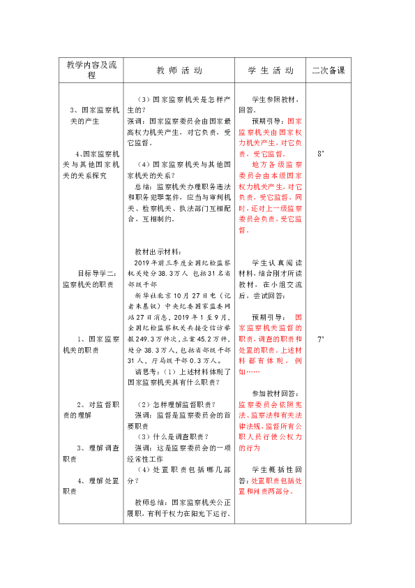 6.4 国家监察机关 教案（表格式）