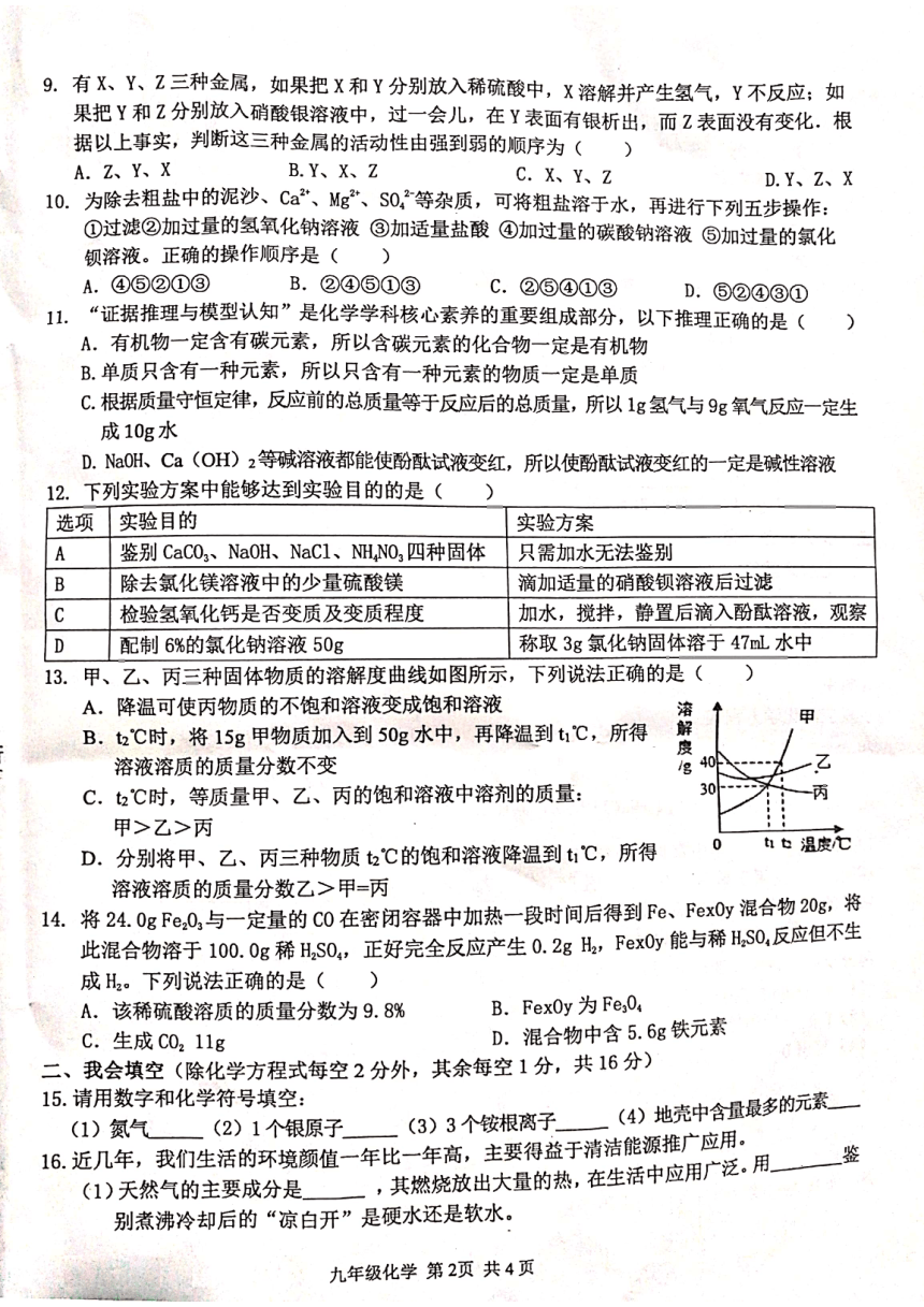 2022年广西贵港市港北区初中学业水平模拟考试化学试题二pdf版无答案