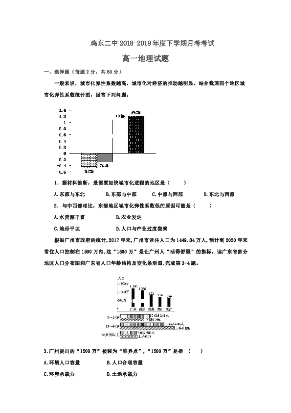 黑龙江省鸡东县第二中学2018-2019高一5月月考地理试卷