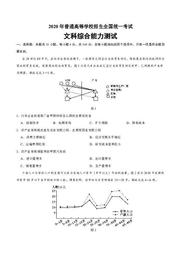2020年全国卷Ⅲ文综地理高考试题word版含答案