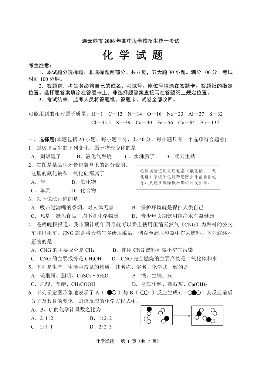 连云港市2006年高中段学校招生统一考试化学试题[下学期]