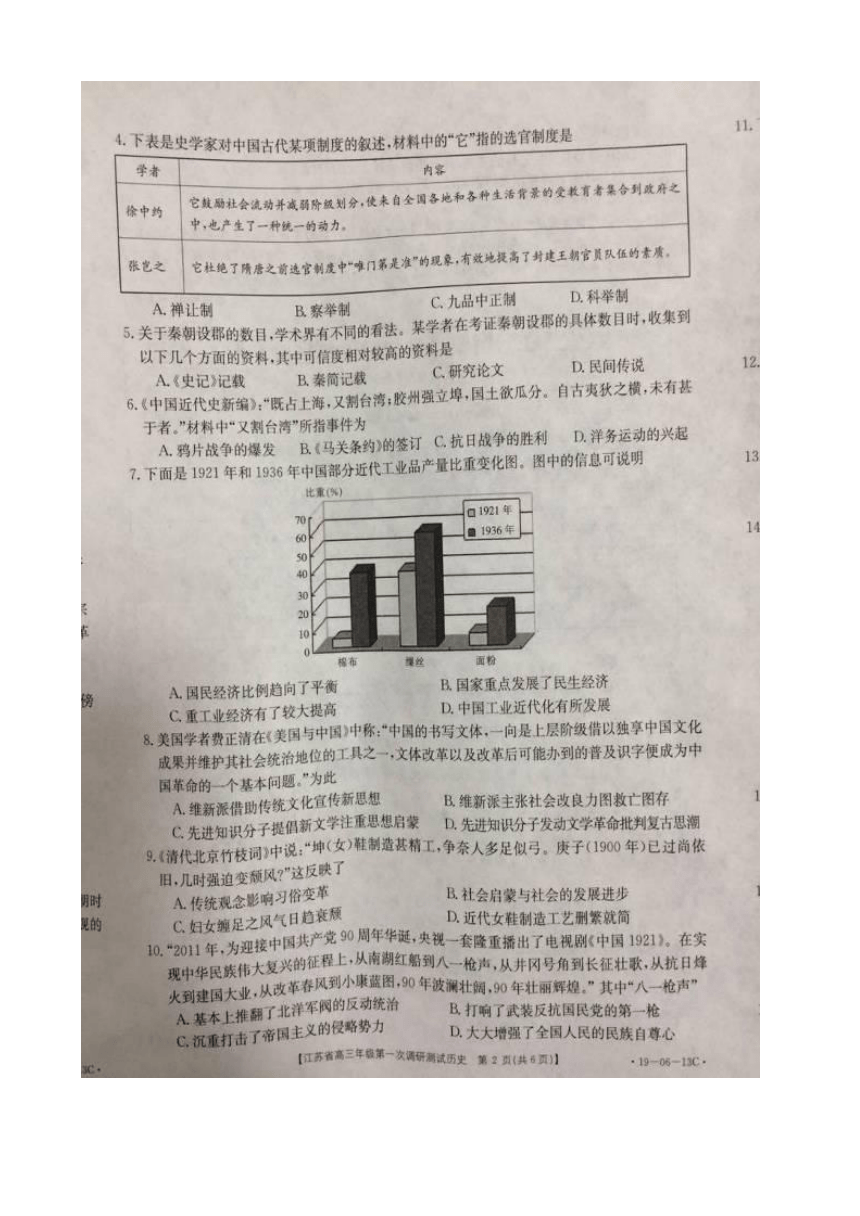 江苏省四星级高中部分学校2019届高三第一次调研联考历史试题 扫描版含答案