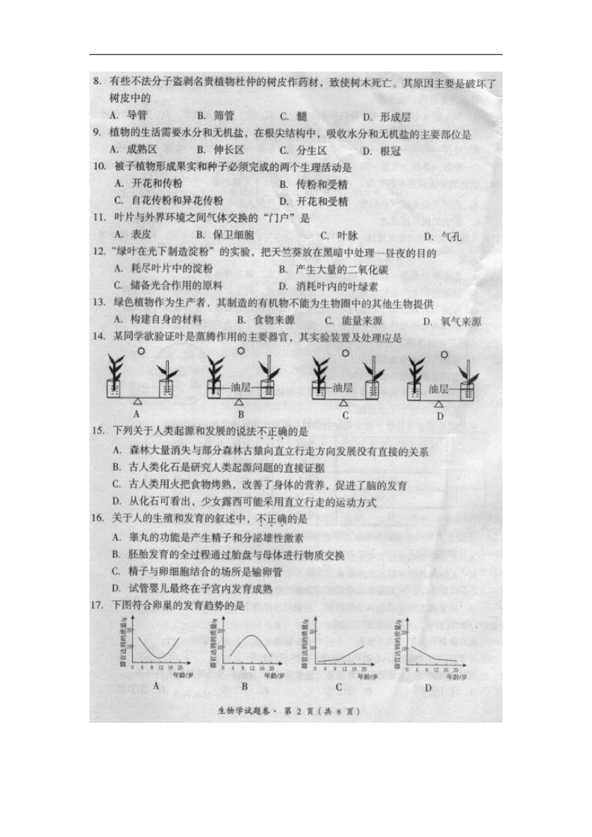 云南省昆明市十县区2018年初中学业水平模拟考试（二）生物试卷（扫描版）