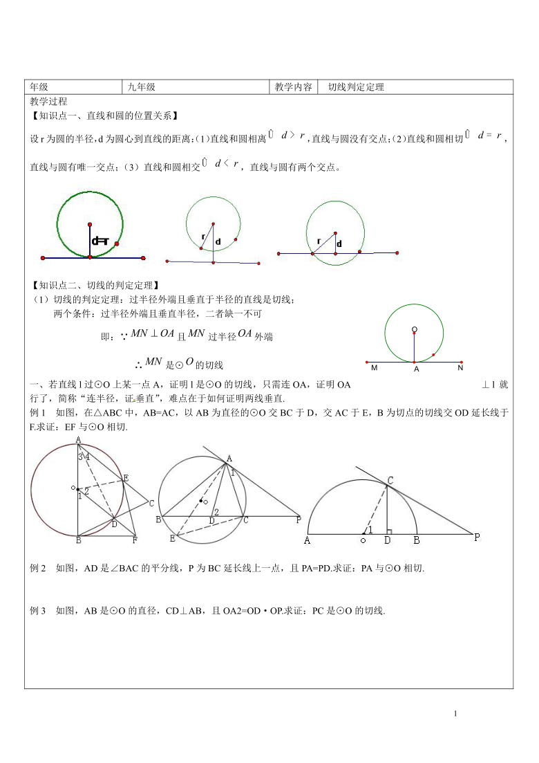 沪科版九年级数学下册24.4.2切线判定定理知识点复习学案（表格式 无答案）