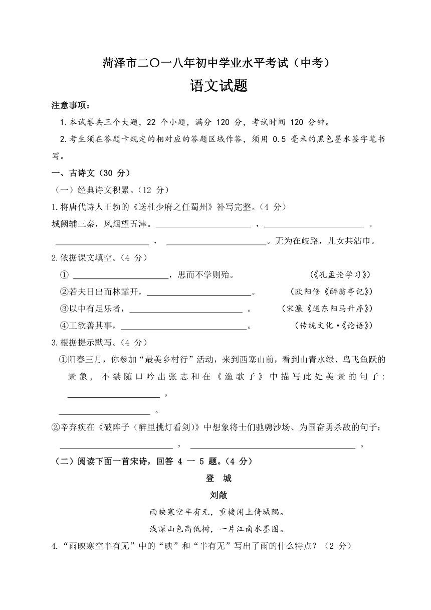 山东省二〇一八年初中学业水平考试语文试题（word版，含答案）