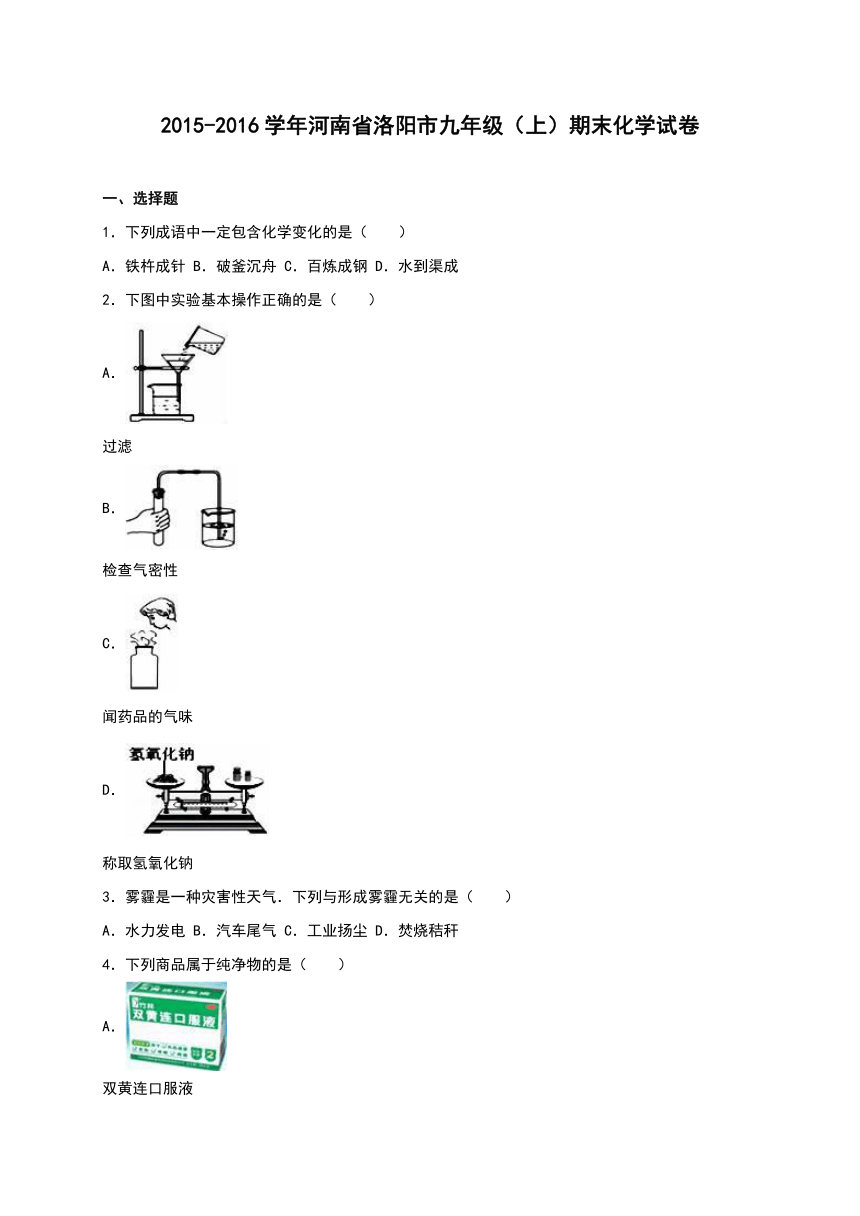 河南省洛阳市2015-2016学年九年级（上）期末化学试卷（解析版）