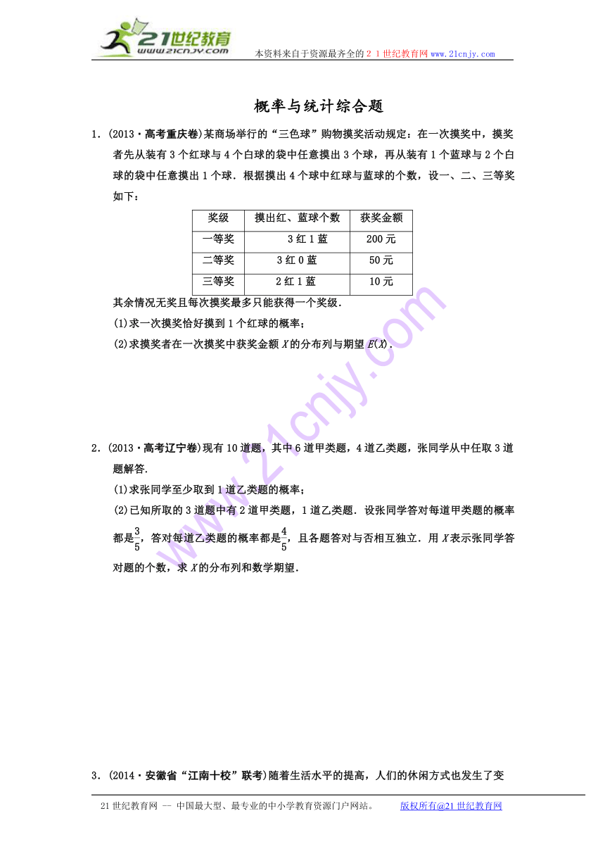 【名师总结考前题库】2014届高三数学（理）考前题型专练：概率与统计综合题  （含详解，含2014新题）