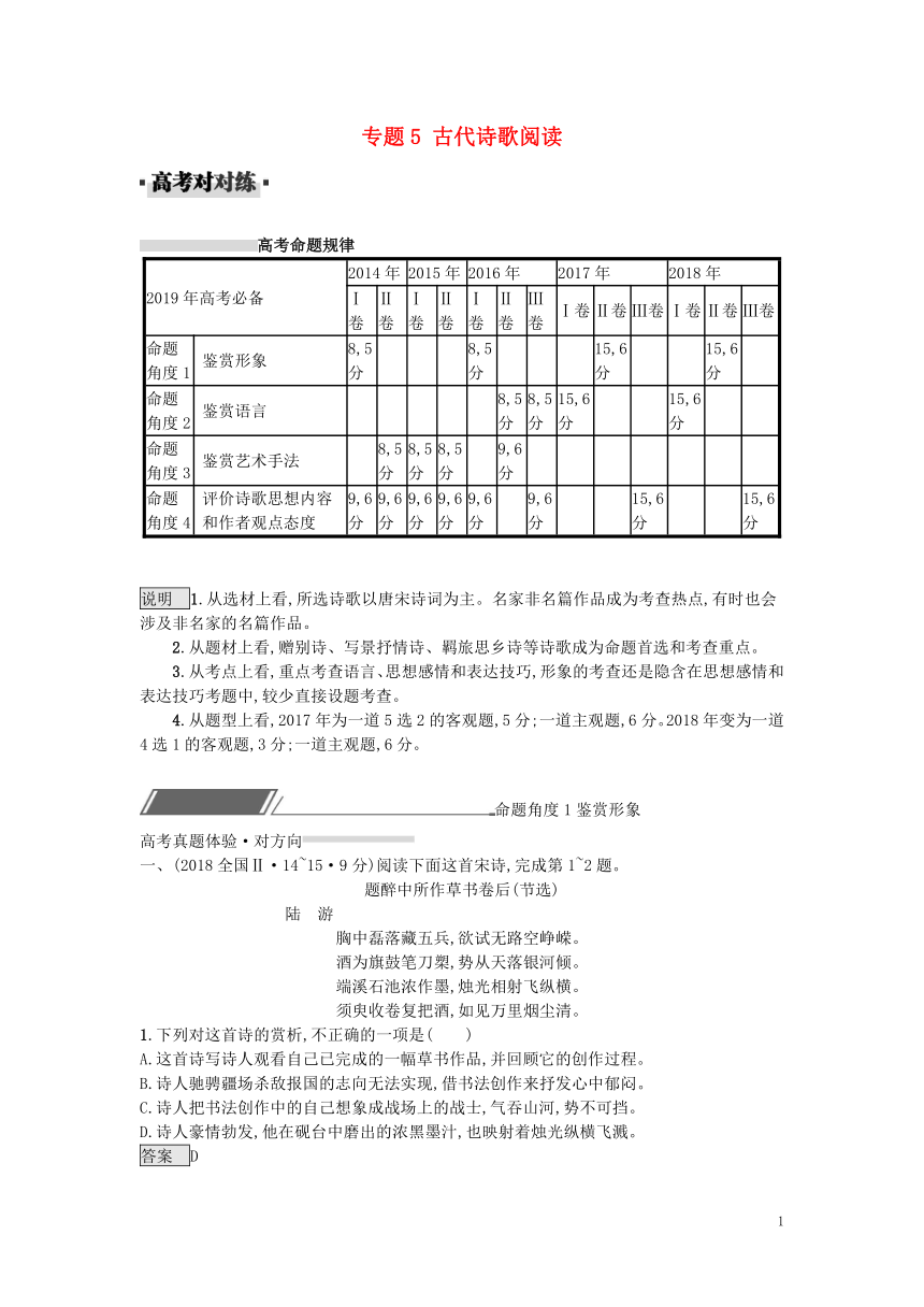 2019届高考语文一轮复习对对练专题5古代诗歌阅读（含2018年高考真题）