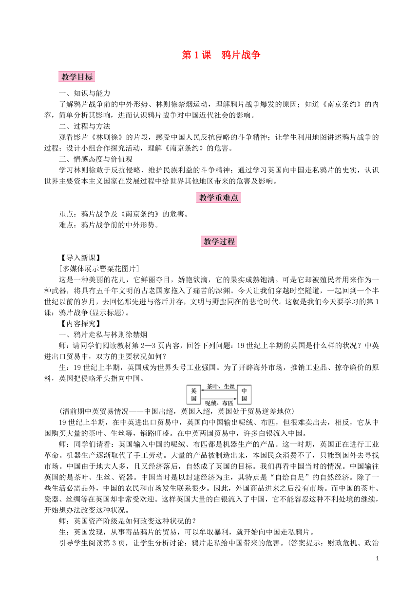 2018年秋八年级历史上册第一单元中国开始沦为半殖民地半封建社会第1课鸦片战争教案部编版