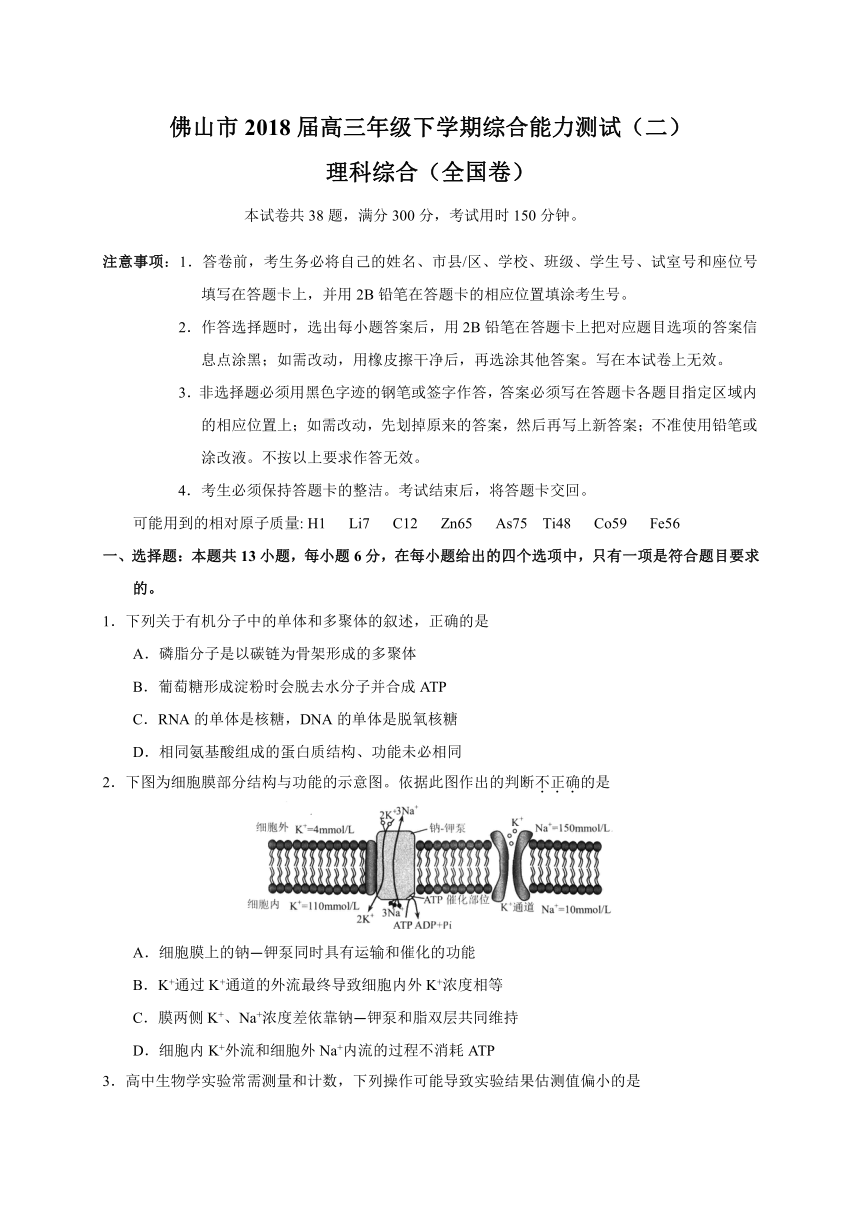 广东省佛山市2018届高三下学期综合能力测试（二）理综试题（WORD版）