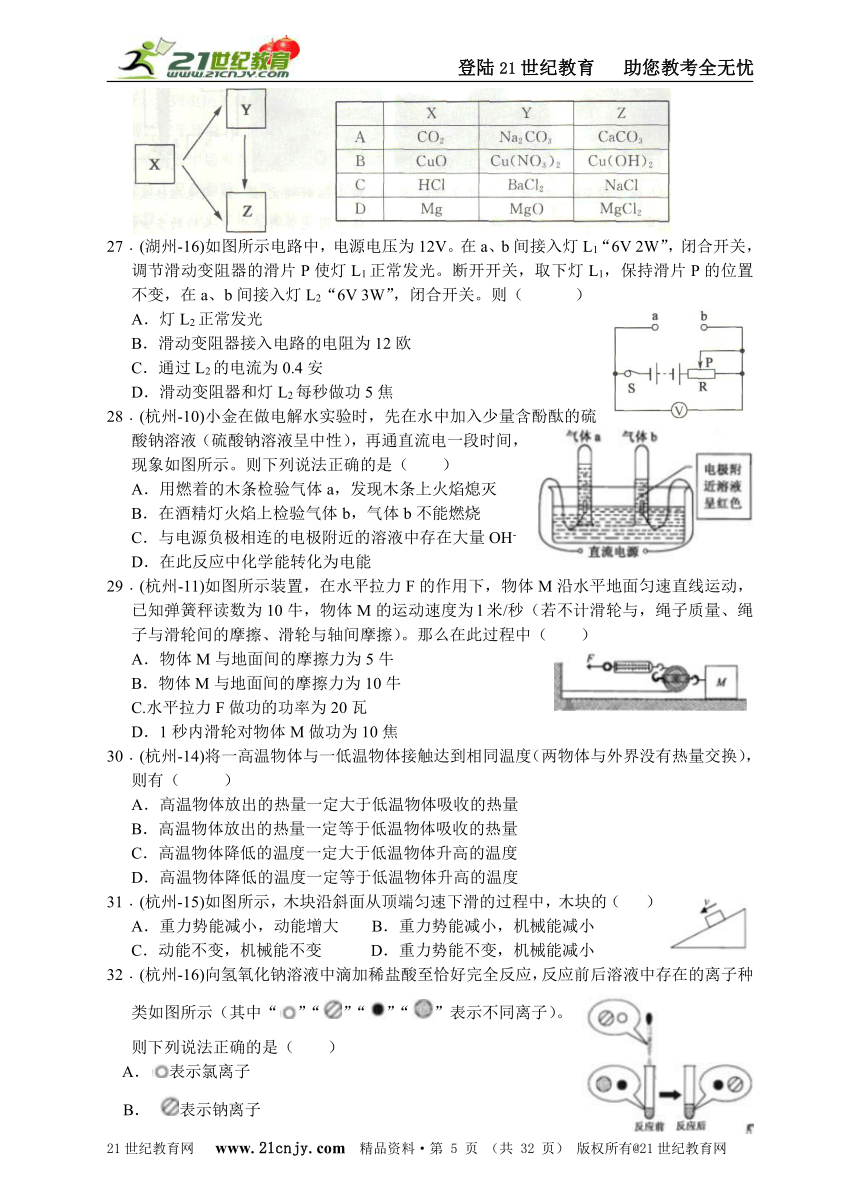 浙江省2017年初中毕业生学业考试科学分类汇编（九年级上册）