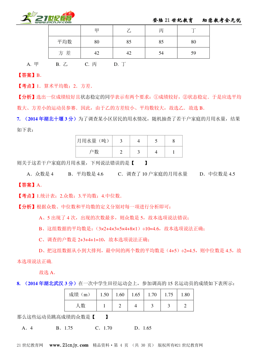 湖北省各市州2014年中考数学试题分类解析汇编（16专题）专题6：概率和统计问题