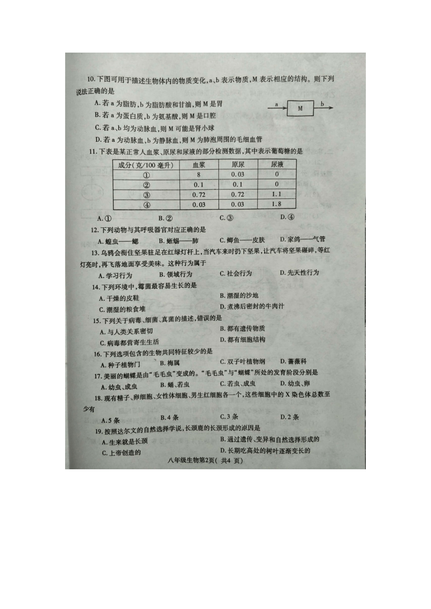 【首发】2018年河南省许昌市八年级中招第一次模拟考试试卷 生物（图片版 附答案）