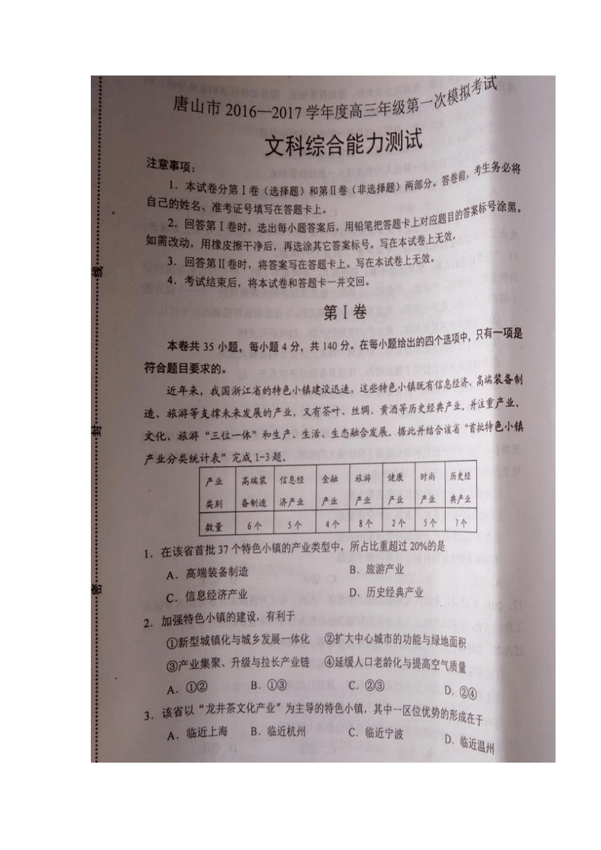 河北省唐山市2017届高三（一模）考试文科综合试题 扫描版缺答案