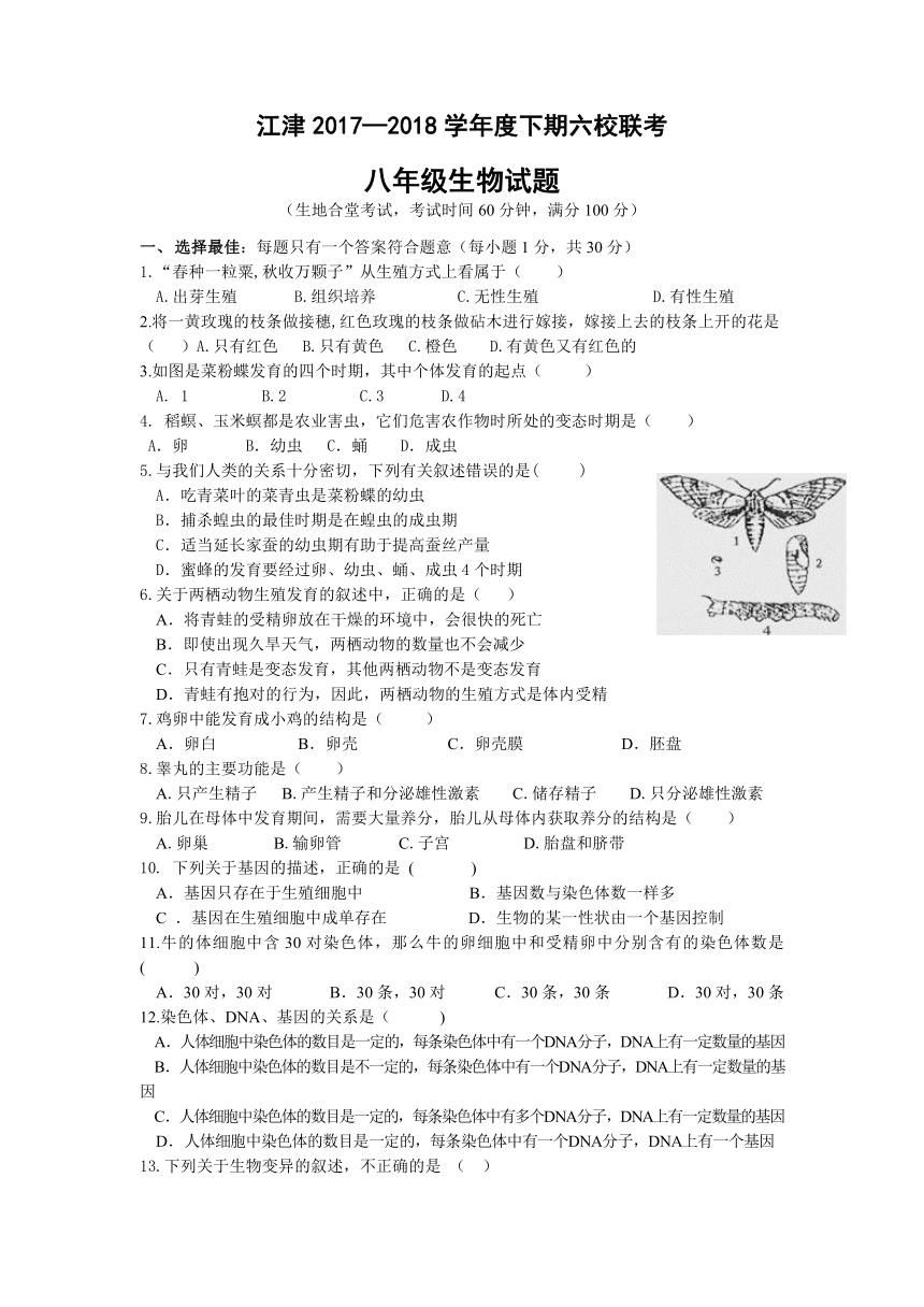 重庆市江津区2017-2018学年八年级下学期六校联考生物试题（Word版，含答案）