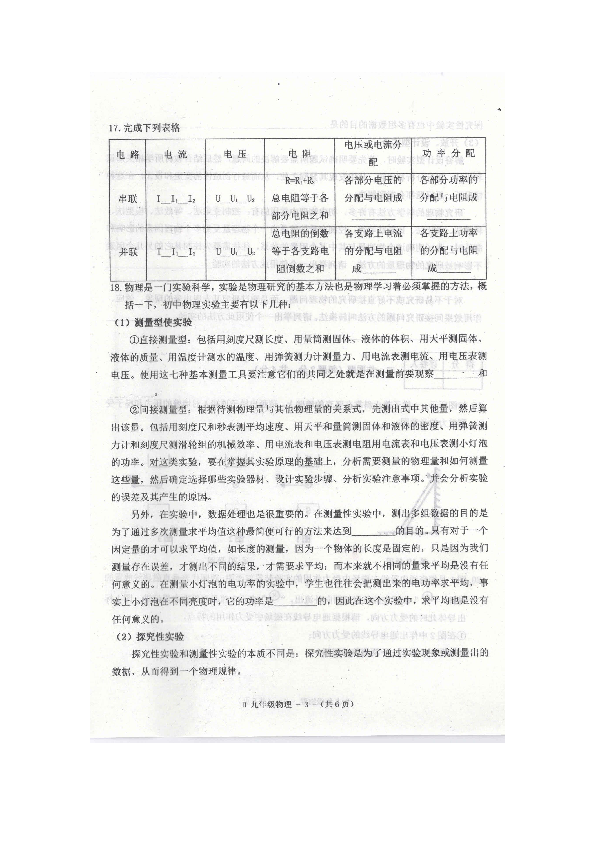 河南省驻马店市2018-2019学年第二学期九年级物理期中素质测试题（扫描版含答案）